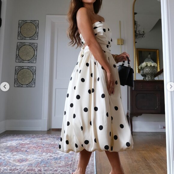 Retro Polka Dot Bubble Midi Dress Convertible Straps in Cream Black Size S - Picture 4 of 12